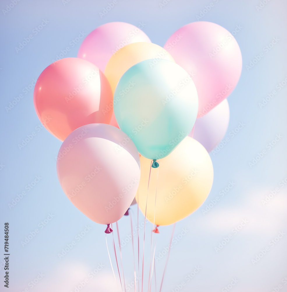 Multicolored pastel balloons over blue pastel sky background, celebration, happy birthday and new year Multicolored pastel balloons over blue pastel sky background, celebration, happy birthday and new year