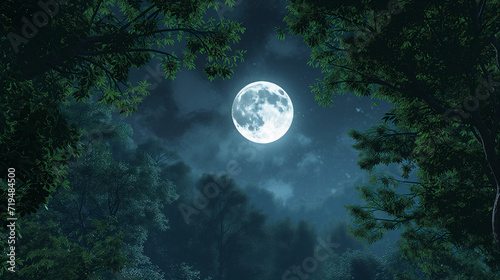 large full moon shines brightly in the night sky, framed by dark silhouetted trees in a serene forest setting