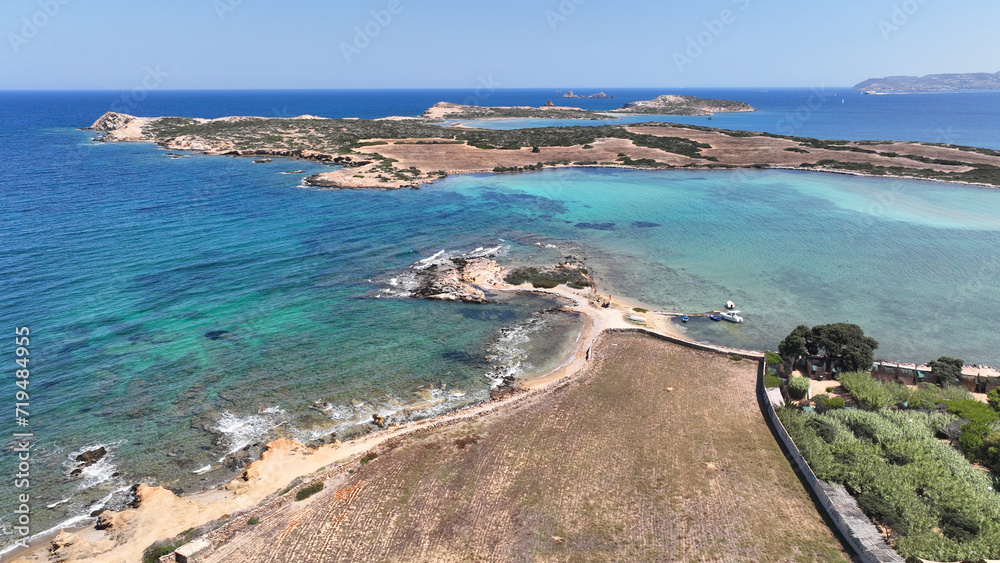 Aerial drone photo of Feira a paradise landscape islet of Northern part of Antiparos island, Cyclades, Greece