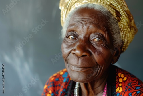An old woman wearing a yellow hat. Suitable for various uses