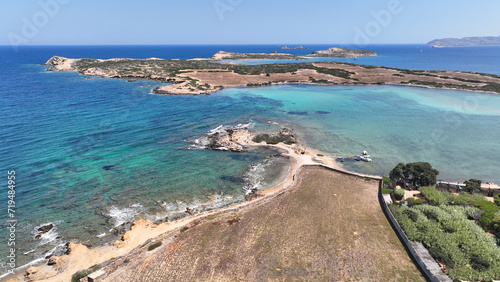 Obraz na płótnie Aerial drone photo of Feira a paradise landscape islet of Northern part of Antiparos island, Cyclades, Greece w salonie