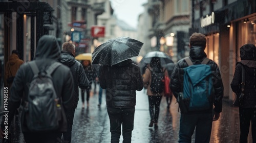 A group of people walking down a street, each holding an umbrella. This image can be used to depict a rainy day or a group outing during bad weather