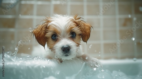 A small brown and white dog sitting in a bathtub. Suitable for pet grooming or bathing-related content
