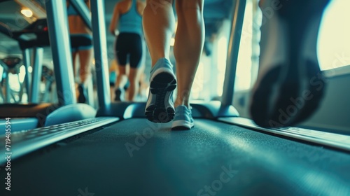 A close-up view of a person walking on a treadmill. Suitable for fitness and exercise concepts