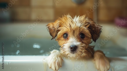A small brown and white dog sitting in a bath tub. Suitable for pet grooming or bathing concepts