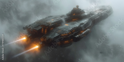 Obraz na plátně Cinematic still frame Sisyphean  space battle cruiser