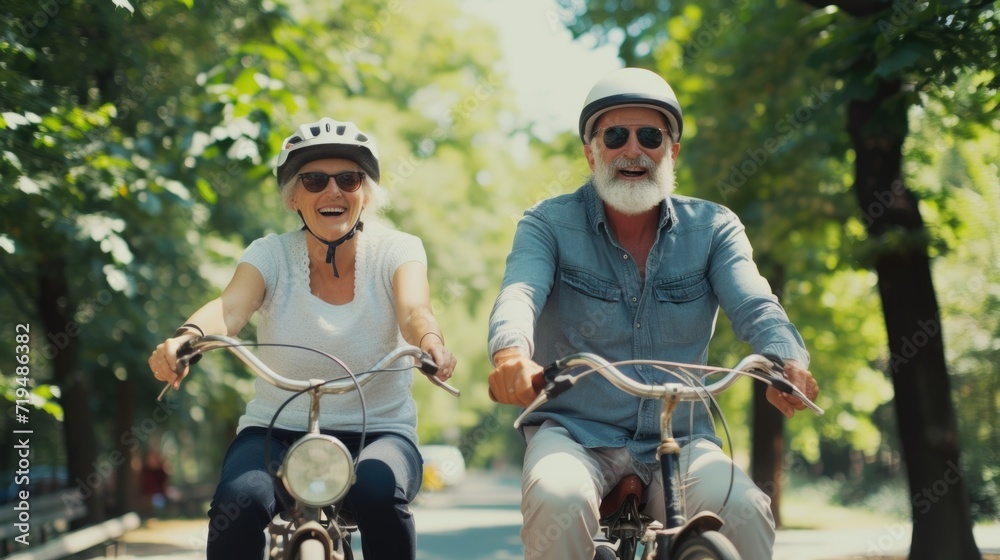 Obraz premium A man and a woman are seen riding bicycles down a street. This image can be used to depict leisure activities or transportation options in urban areas