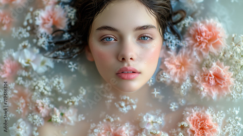 Portrait of a young woman immersed in the water and surrounded by fresh flowers.