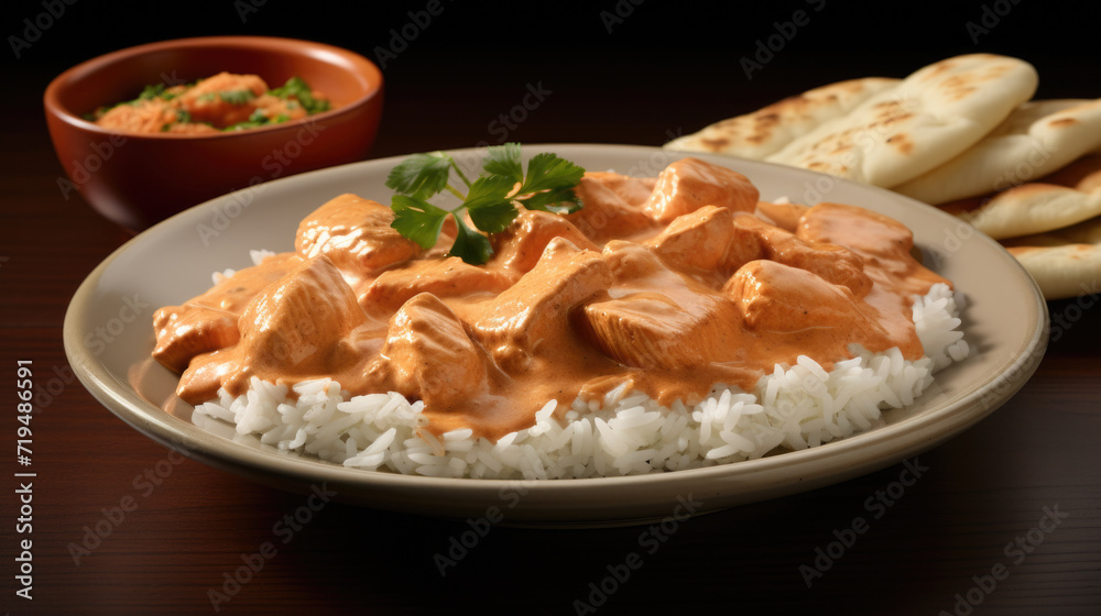 Plate of food consisting of rice and side of bread. Perfect for showcasing delicious meal or highlighting different cultural cuisines Plate of food consisting of rice and side of bread. Perfect for showcasing delicious meal or highlighting different cultural cuisines