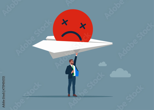 Boss holding big paper plane with angry face symbol inside. Concept of bad news. Flat vector illustration
