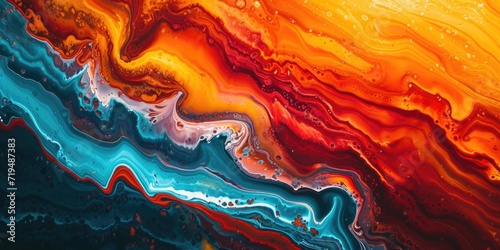 A detailed view of a painting featuring vibrant orange and blue colors. Suitable for art enthusiasts and interior design projects