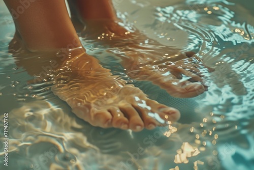 Close up view of a person's feet submerged in a pool of water. Suitable for various water-related themes and concepts