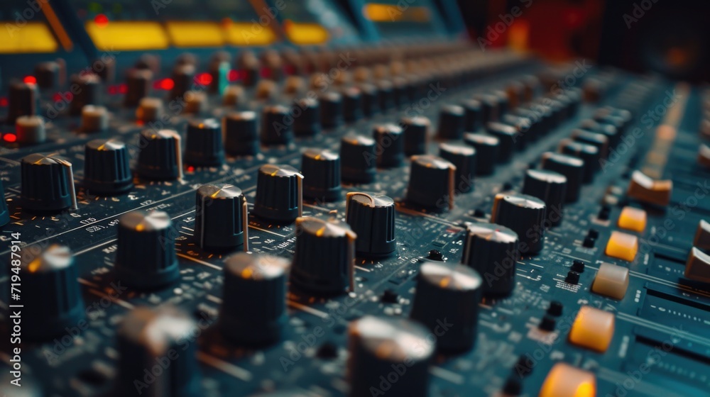 A detailed close-up of a sound board with multiple knobs. Perfect for illustrating audio engineering or music production concepts A detailed close-up of a sound board with multiple knobs. Perfect for illustrating audio engineering or music production concepts