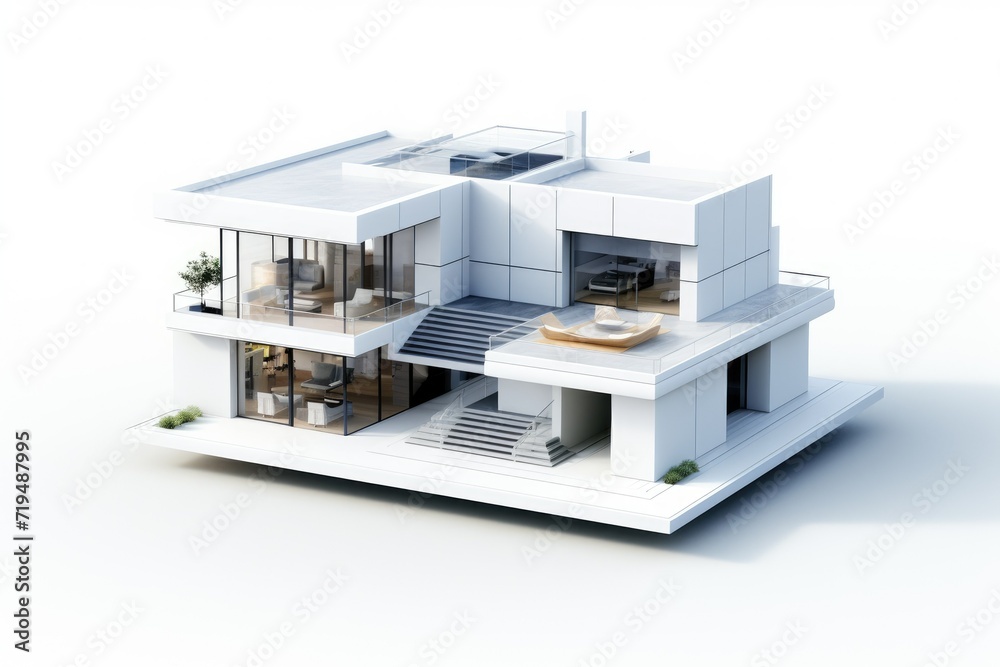 View of 3d house model on white background, Front view of a isolated modern house with a big lawn, AI generated View of 3d house model on white background, Front view of a isolated modern house with a big lawn, AI generated