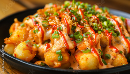 Loaded Tater Tots with sauce 