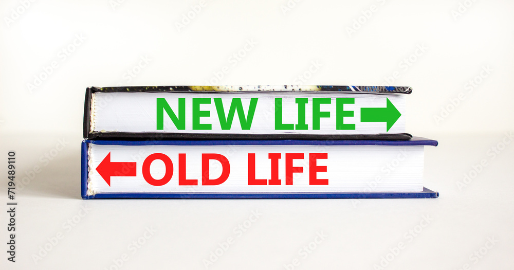 New or old life symbol. Concept word New life Old life on beautiful books. Beautiful white table white background. Business and new or old life concept. Copy space.