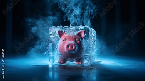 Sparschwein in Eiswürfel eingefroren. Illustration  photo