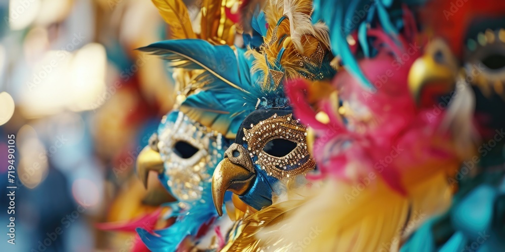 A close up view of a mask adorned with feathers. Perfect for masquerade parties or costume events
