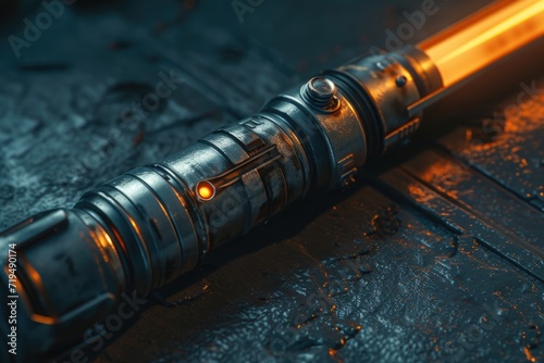 A detailed view of a light saber placed on a table. Perfect for sci-fi enthusiasts and Star Wars fans photo