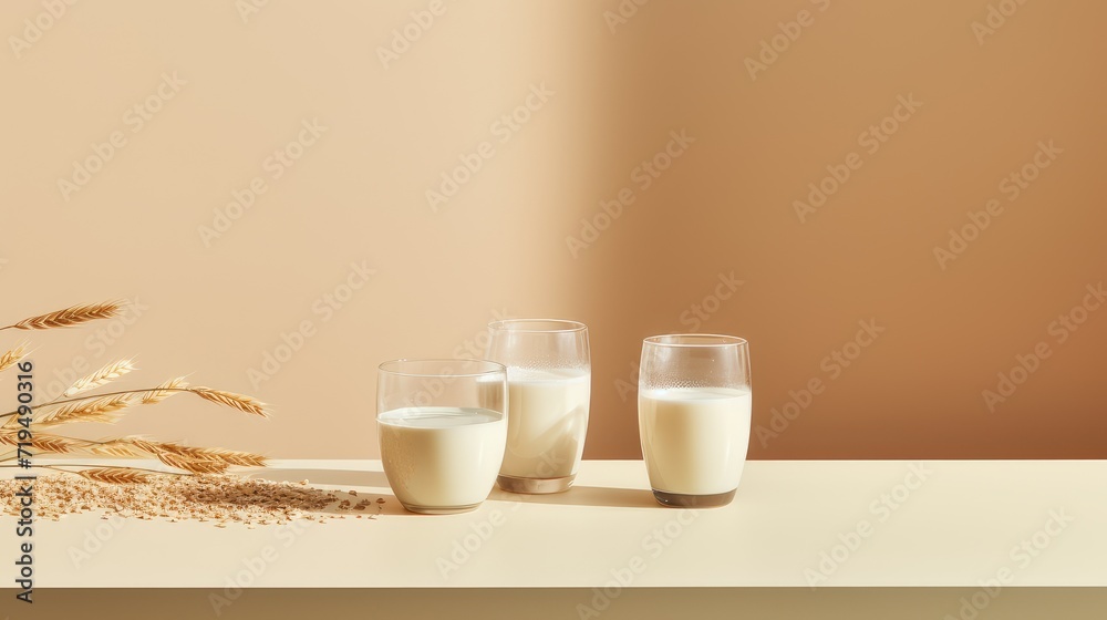 a glass of oat milk accompanied by a jug and a scattering of oat flakes, conveying the concept of alternative lactose-free dairy products, ample copy space for versatile usage. a glass of oat milk accompanied by a jug and a scattering of oat flakes, conveying the concept of alternative lactose-free dairy products, ample copy space for versatile usage.