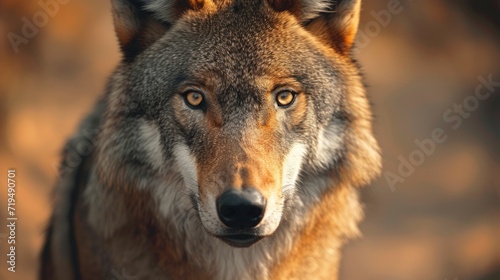 A captivating close-up of a wolf staring directly at the camera. Perfect for wildlife enthusiasts and nature-themed designs © Fotograf