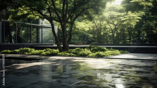 an empty square floor surrounded by lush greenery  capturing the serene natural scenery of a city park.