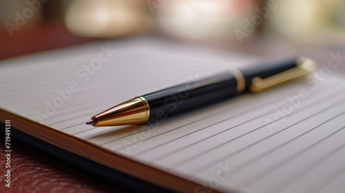 A pen resting on top of a notebook, ready for writing. Suitable for office, education, or creative concepts