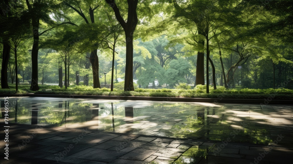 an empty square floor surrounded by lush greenery, capturing the serene natural scenery of a city park. an empty square floor surrounded by lush greenery, capturing the serene natural scenery of a city park.