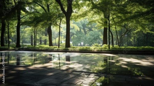 an empty square floor surrounded by lush greenery  capturing the serene natural scenery of a city park.