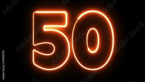 50. 50 electric orange lighting text on black background. 50 Number. Fifty neon sign. photo