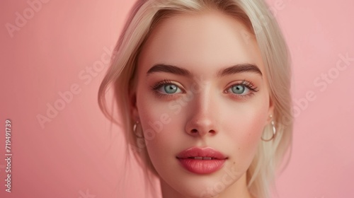 A portrait of a blonde woman with blue eyes against a pink background. Suitable for fashion, beauty, and lifestyle themes