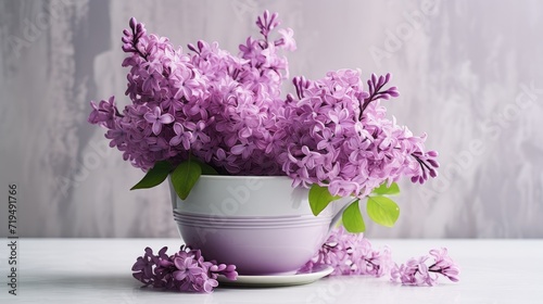 a beautiful bouquet of lilac flowers elegantly arranged in a vintage ceramic cup on a concrete table, with a soft and blurred background adding a touch of nostalgia.