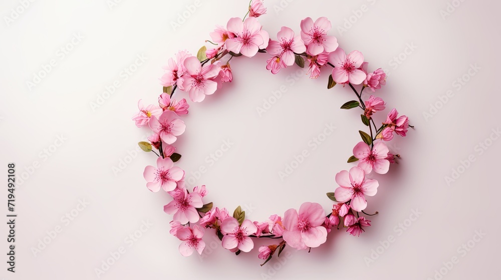 a wreath composed of pink flowers against a plain background, captured from a top view with ample copy space.