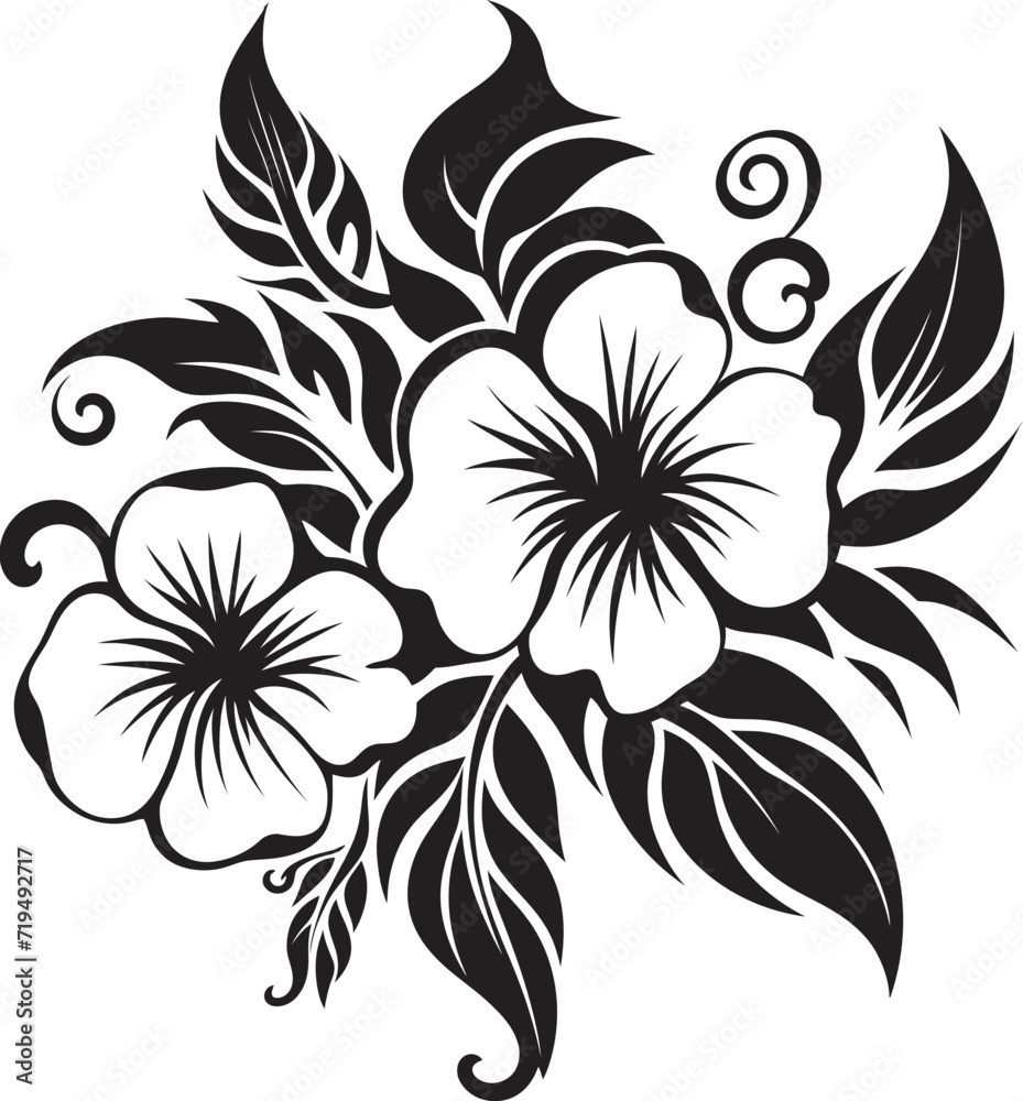 Twilight Hibiscus Symphony Vectorized Tropical HarmonyMoonlit Frond Oasis Black Floral Vector Serenity