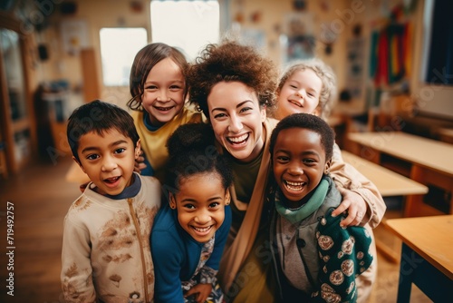 Multiethnic kids embracing happy teacher in school, overjoyed multiethnic kids embracing happy teacher in Montessori school, AI generated photo