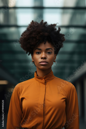Serene Black woman with natural hair in a mustard blouse, against a blurred architectural backdrop, embodying elegance.