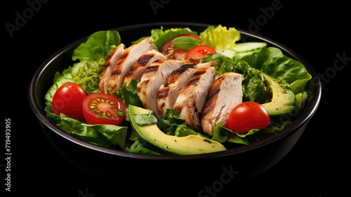 Delicious salad with combination of chicken, tomatoes, avocado, and lettuce. Perfect for healthy and refreshing meal option. Suitable for restaurants, food blogs, and healthy lifestyle articles