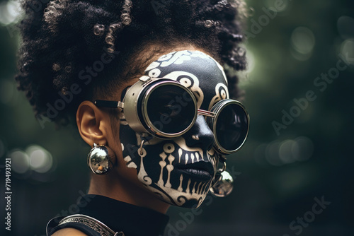 Individual with afro hair and a painted skull mask, featuring circular sunglasses, blending tradition with a modern twist.