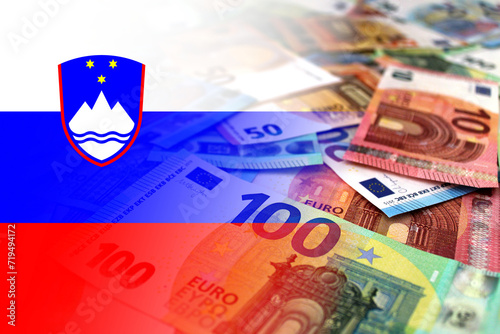 Euro banknotes colored in the colors of the flag of Slovenia. Gradient overlay of the Slovene flag on the euro notes.