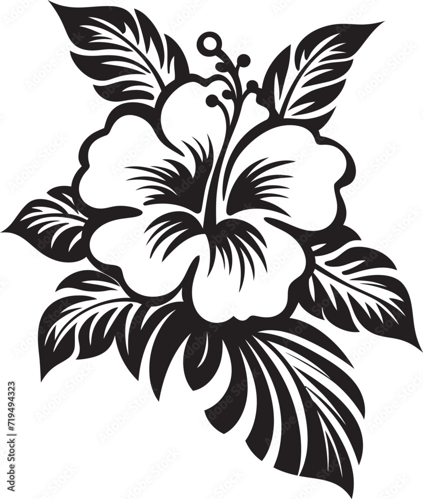 Inkbrush Hibiscus Serenade Black Floral Vector HarmonyMidnight Fern Elegance Vectorized Tropical Flora