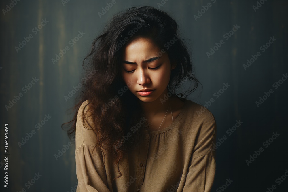 Depressed young woman covering her face with her hands. Photo of a Young Woman Coping with Distress by Covering Her Face. mental health concept.