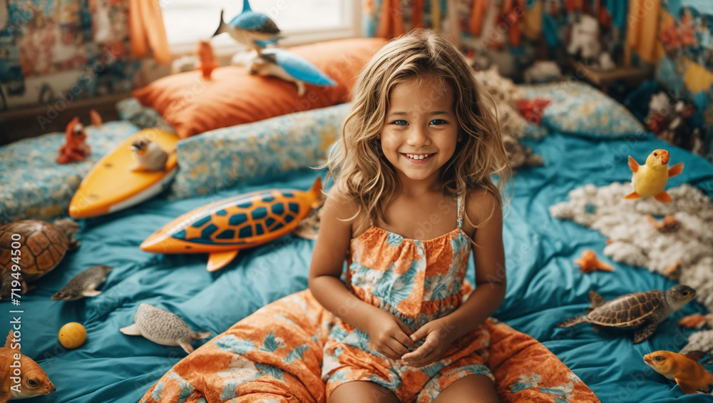 Smiling  girl in a mermaid themed bed room