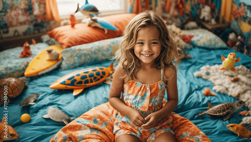 Smiling girl in a mermaid themed bed room