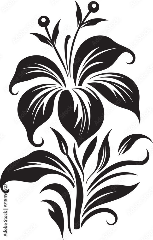 Midnight Frond Symphony Vectorized Tropical BloomsSable Hibiscus Melody Black Floral Vector Harmony