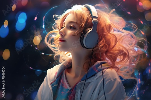 Beautiful young woman listening to music with headphones, Portrait of a beautiful young laughing woman with headphones listening to music. Happy fashionable girl AI generated © Tanu