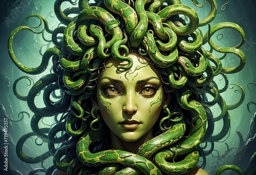 Medusa Greek Mythology: Medusa head with swirling snake Illustration. Generative AI photo