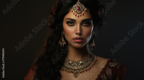 Woman wearing red dress with necklace and earrings. Suitable for fashion, beauty, and lifestyle themes