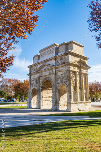 Roman triumphal arch, historical memorial building in Orange city, vertical photography taken in France