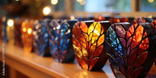 Votive candle holders with leaf patterns casting warm, colorful lights photo