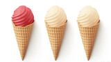 Three ice cream cones arranged in straight line. Perfect for summer themes and dessert concepts